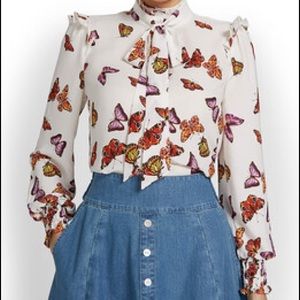 New York and company White button blouse with butterflies bow tie large